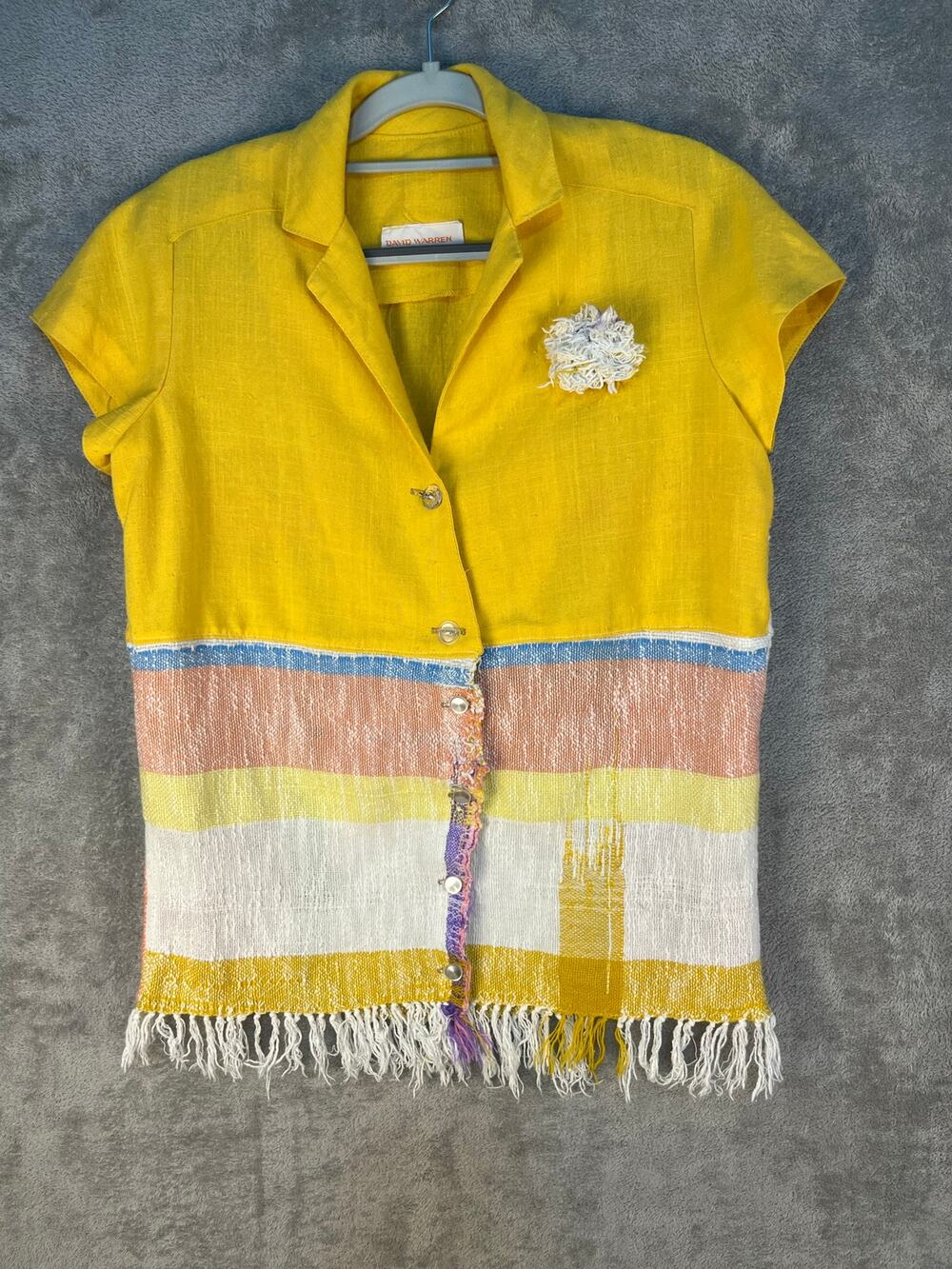 VTG David Warren Linen Blouse Medium Tapestry Fringe Tropical Summer